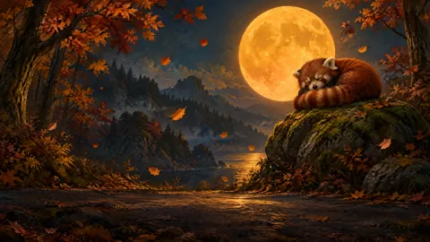 Sleeping Red Panda Under Amber Moon