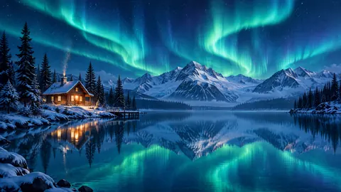 Cabin Beneath Turquoise Aurora