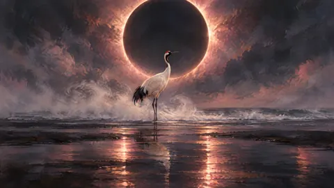 Crane Beneath Rose-Gold Eclipse