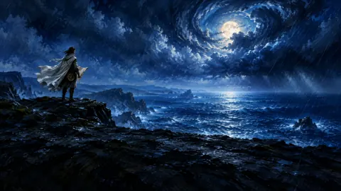 Cartographer Beneath Stormy Moon