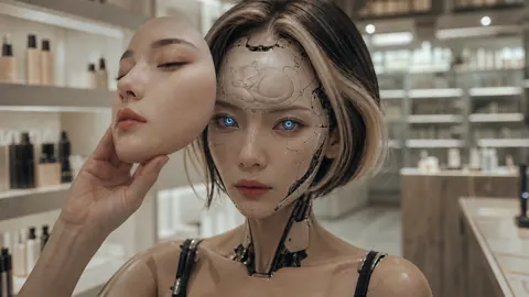 Female Android Removing Face Mask