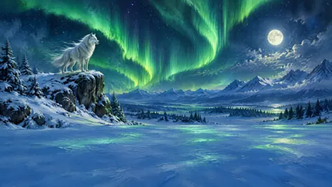 White Wolf Under Aurora