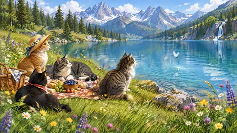 Cats Picnicking by Mountain Lake