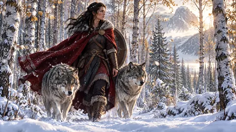 Shieldmaiden With Wolves in Snow