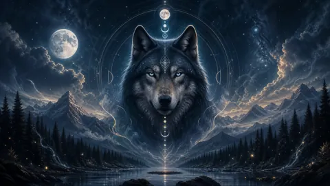 Mystical Wolf Over Moonlit Lake