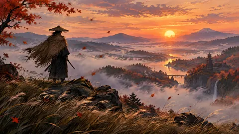 Straw-Cloaked Swordsman at Sunset