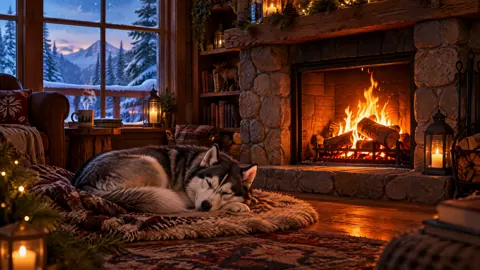 Sleeping Husky by Fireplace