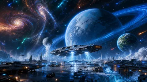Icy Shipyard Below Ringed Planet