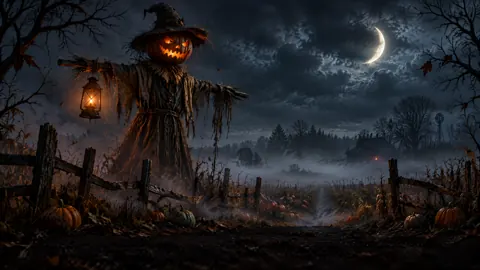 Scarecrow Over Pumpkin Field
