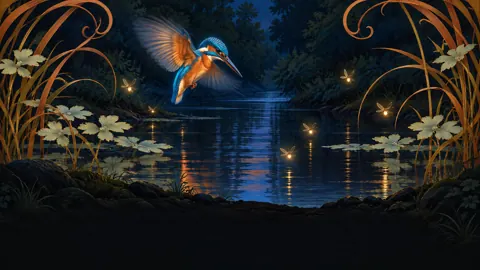 Art Nouveau Kingfisher at Night