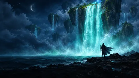 Cloaked Traveler by Floating Waterfalls