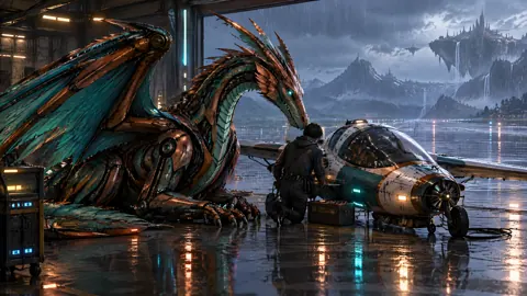 Mechanical Drake in Rainy Hangar