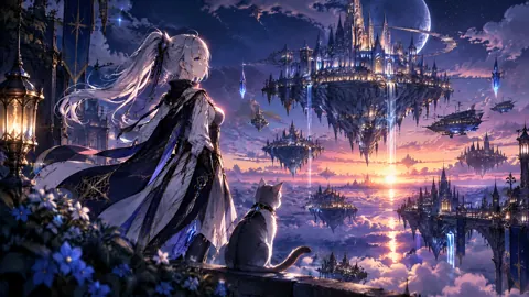 Silver-Haired Girl Above Floating Cities