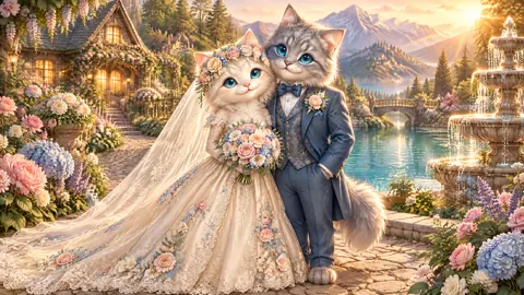 Cat Wedding by the Fountain