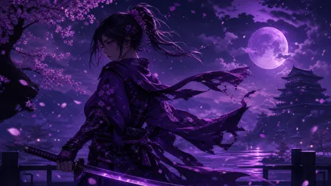 Purple Samurai by Moonlit Lake