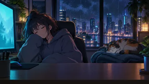 Sleepy Gamer With Calico Cat