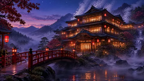 Japanese Bathhouse With Red Bridge
