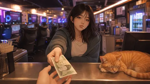 Korean Woman Paying at Cybercafé