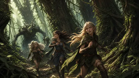 Elf Girls Fleeing Moss Creature