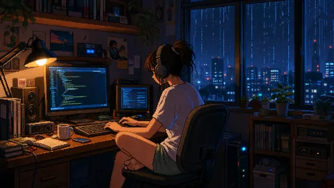 Pixel Art Woman Coding at Night