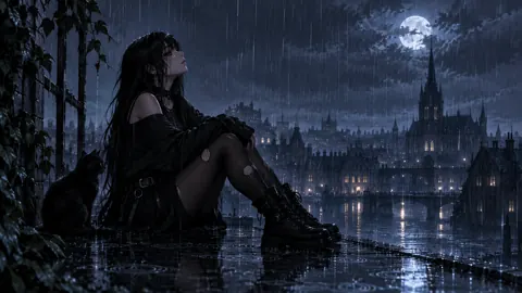 Goth Woman and Cat Rooftop
