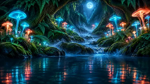 Bioluminescent Mushroom Forest Stream