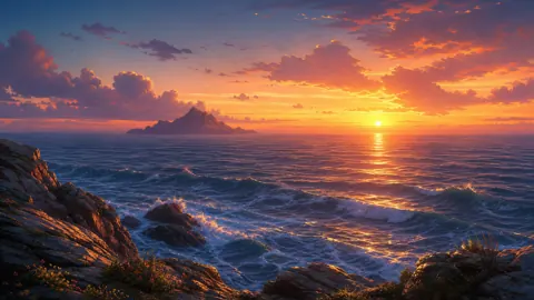 Sunset Sea From Rocky Cliff