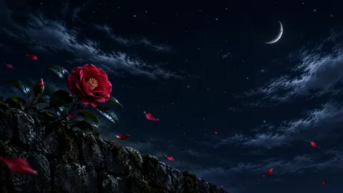 Crimson Camellia Under Crescent Moon