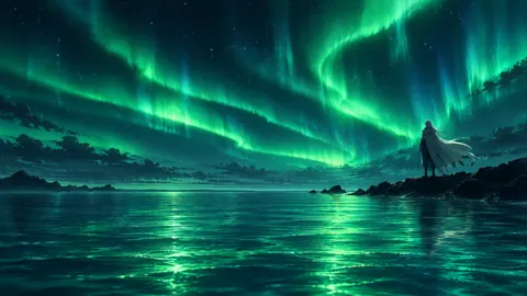 Guardian Beneath Emerald Aurora