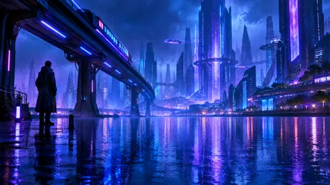 Traveler Beneath Neon Monorail