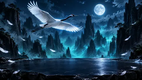 White Crane Under Full Moon