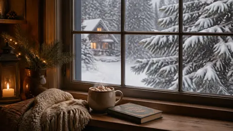 Hot Cocoa by Snowy Window