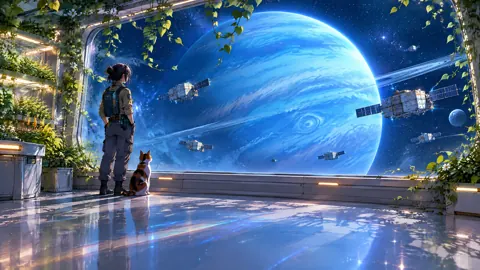 Engineer and Cat in Orbital Greenhouse