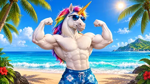 Muscular Unicorn on Tropical Beach