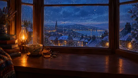 Lamp and Books by Snowy Window