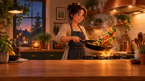 Woman Cooking Vegetables at Dusk