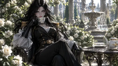 Black-Haired Noblewoman Drinking Tea