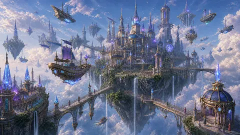 Floating Island City and Airships