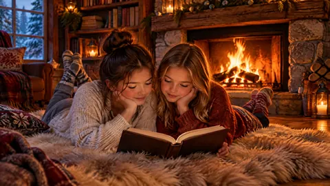 Girls Reading by Fireplace