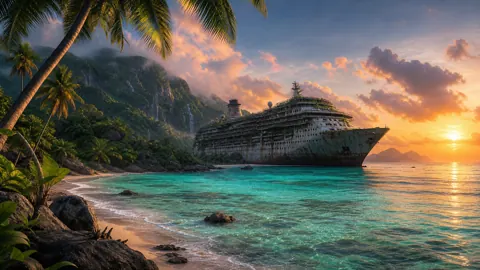 Rusted Cruise Ship at Sunset