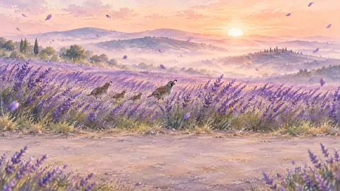 Quail Family in Lavender Field