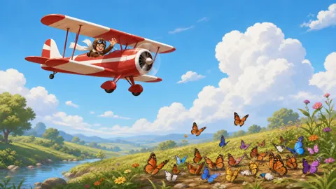 Red Biplane Over Butterfly Meadow