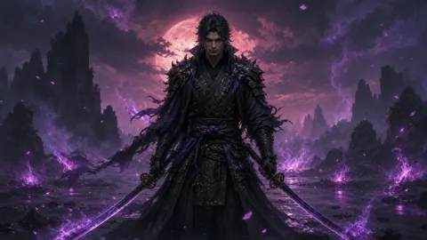 Black Warrior With Purple Swords