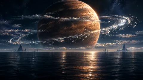 Ringed Planet Over Dark Ocean