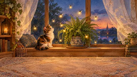 Calico Kitten and Fireflies