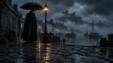 Masked Stranger by Harbor Lamp