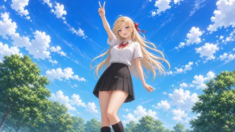 Blonde Schoolgirl Peace Sign