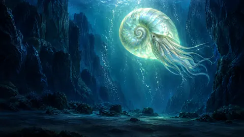 Glowing Nautilus in Deep-Sea Canyon