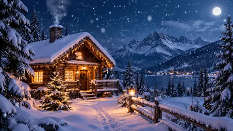 Snowy Christmas Cabin Moonlight