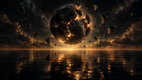 Fractured Obsidian Moon Over Ocean